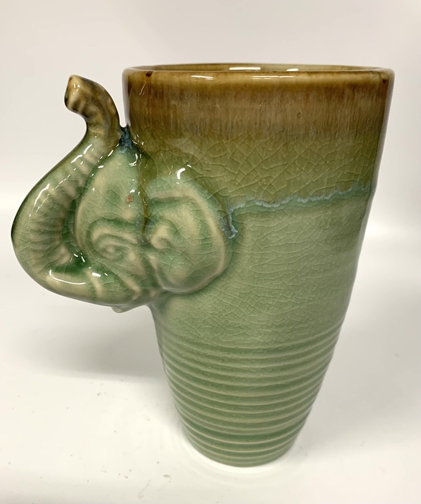 Pottery green brown glazed elephant vase 6”h