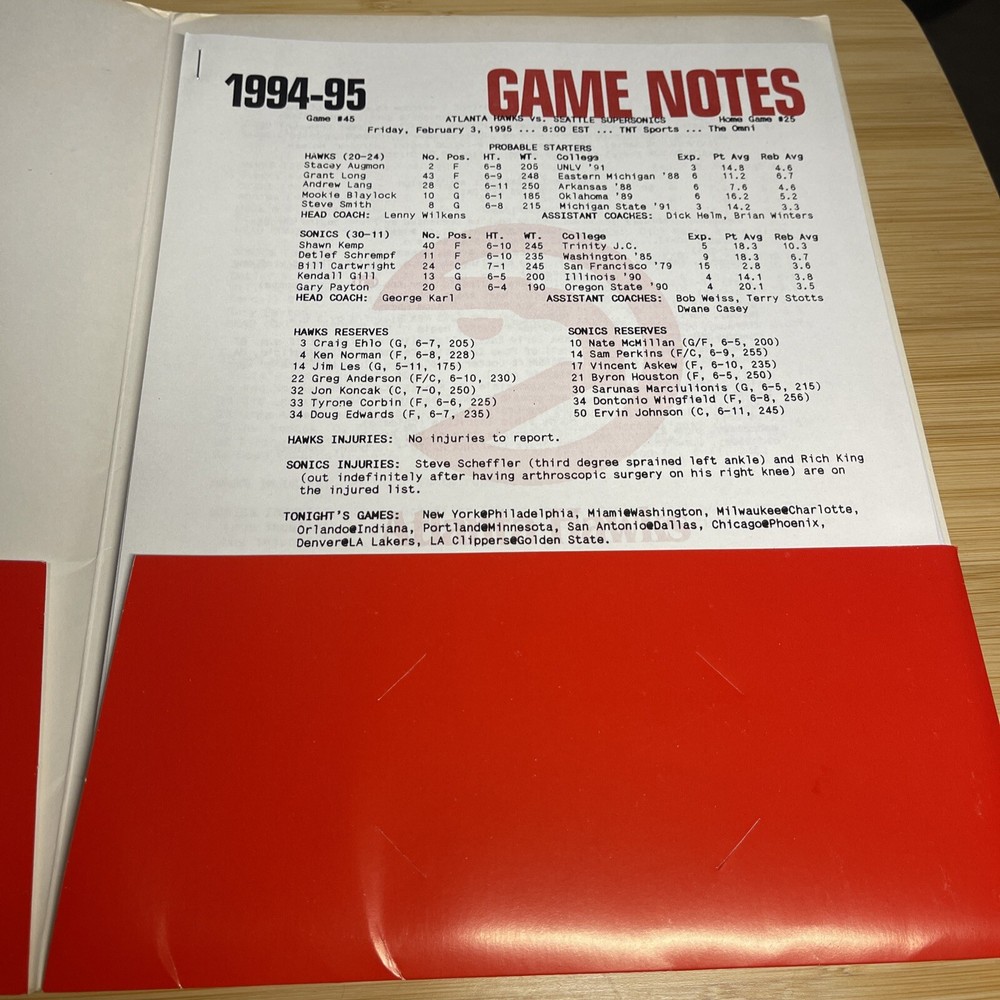 Atlanta Hawks Game Program February 3, 1995 Vs Seattle SuperSonics