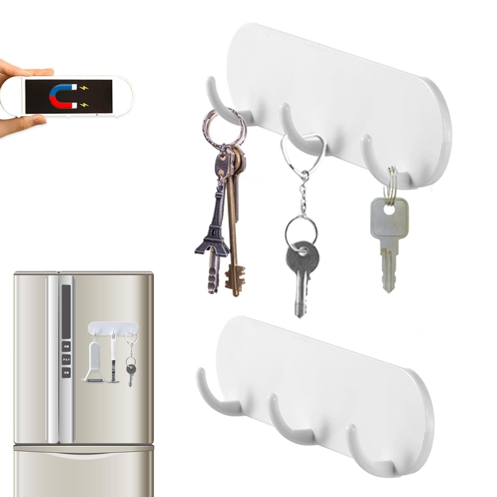 2-Pack Magnetic Key Holder with 3 Hooks for Refrigerator, Kitchen, and White
