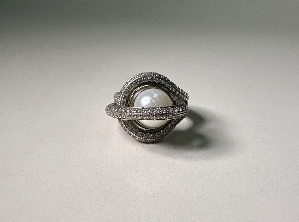 Luxury 925 Sterling Silver Pearl & CZ Orbital Statement Ring / Size 7
