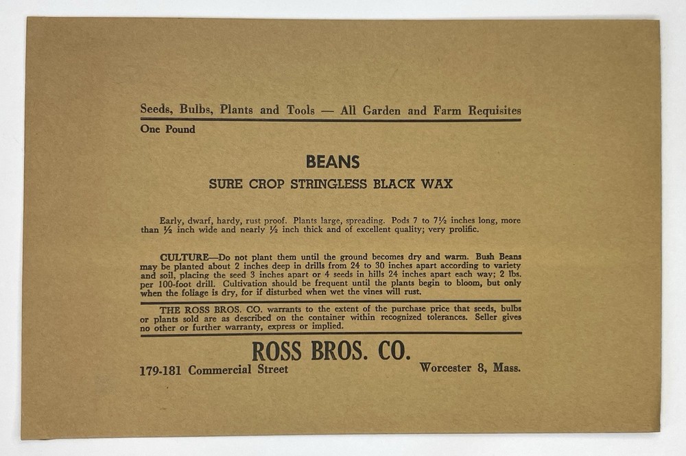 1920s Ross Bros. Co STRINGLESS BLACK WAX BEANS Empty Seed Packet Envelope Unused