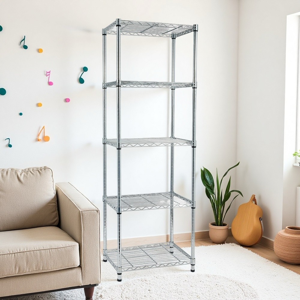 5-Tier Modular Shelving Unit, Adjustable, Heavy Duty, Steel, Silver Kitchen Rack