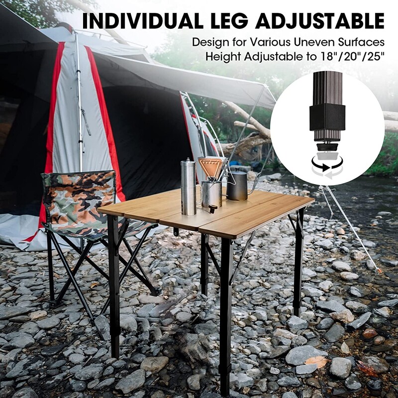 VILLEY Heavy Duty Bamboo Folding Camping Table Portable Table Load 176 lbs Table