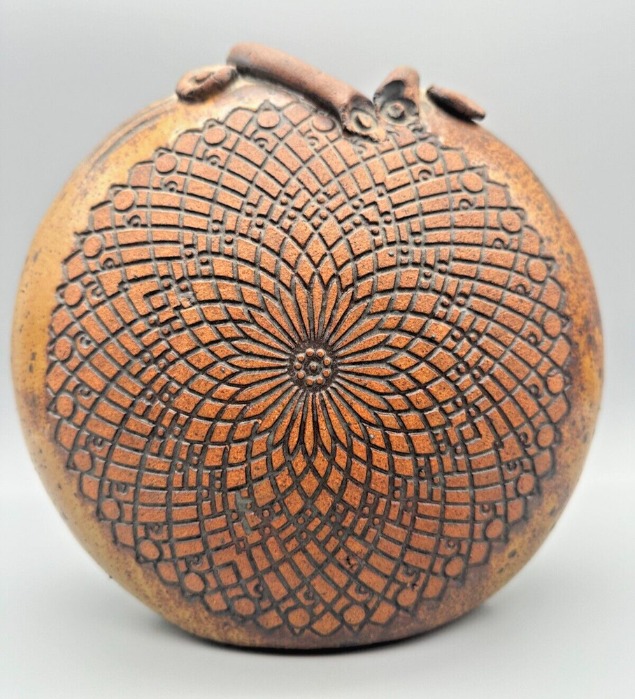 Brown Earthenware Vase Two Fish Geometric Design Unique 8.5” Diameter