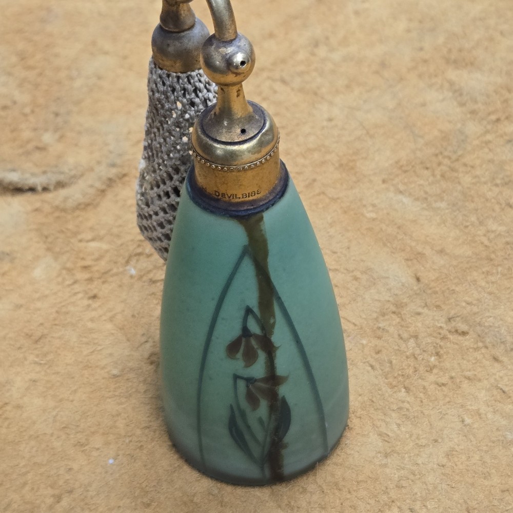 Antique Devilbiss Perfume Atomizer/Bottle Signed Green & Gold Hand Painted