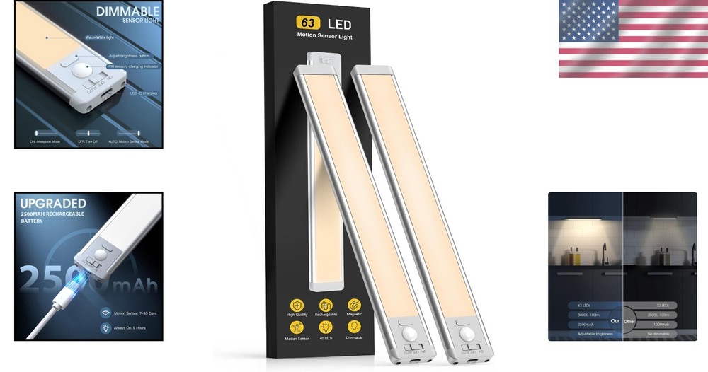 Energy-Efficient Dimmable Under Cabinet Lights, 63 LED Motion Sensor, 2 Pack