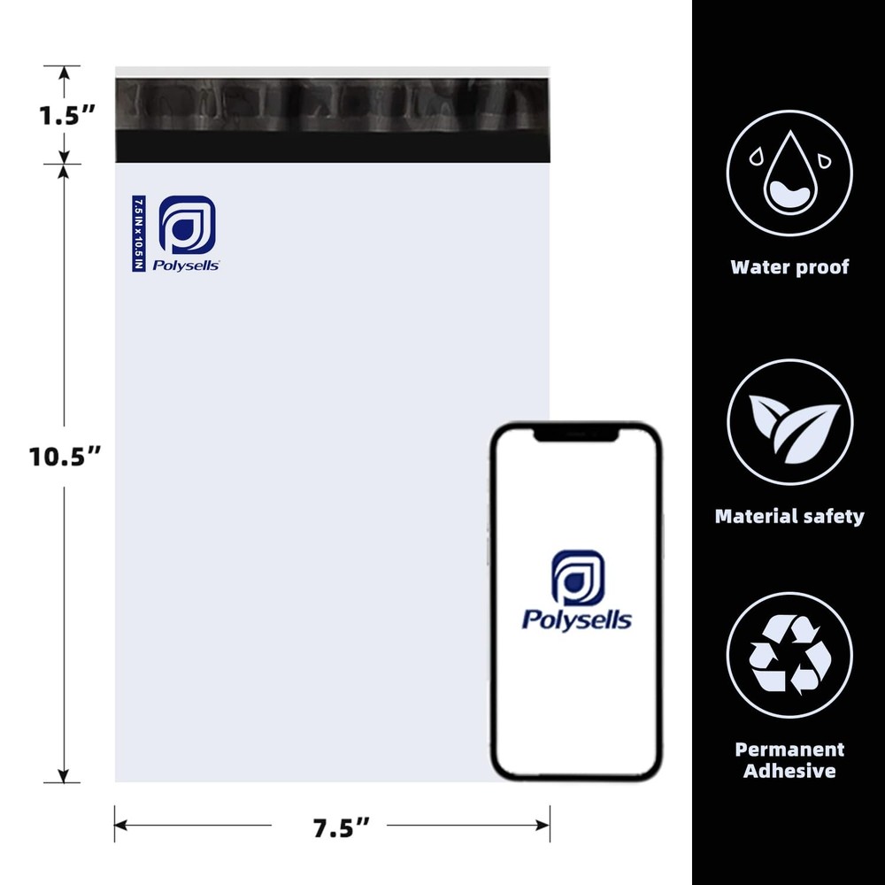 POLYSELLS Poly Mailers Shipping Envelopes, Strong 7.5" X 10.5", White