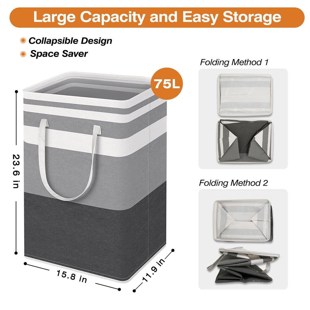 2-Pack Large Collapsible Laundry Baskets - 75L Freestanding Waterproof Hamper...
