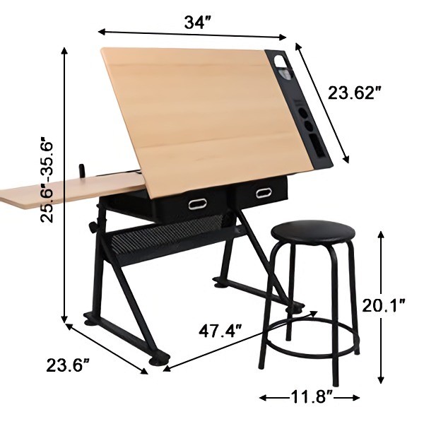 Drafting Drawing Table Craft Tiltable Tabletop with Stool & 2 Drawers to Study