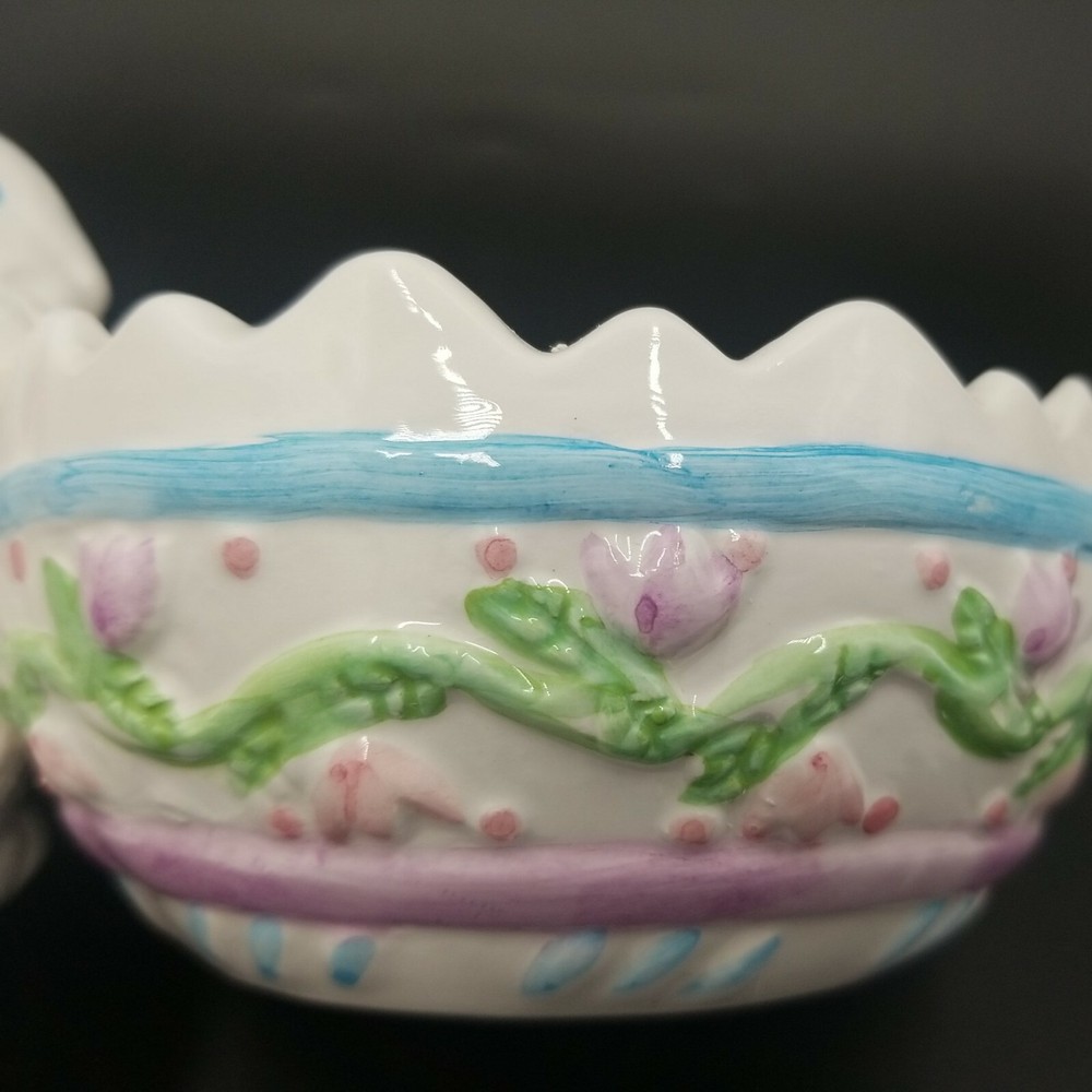 Easter Bunny Looking into Cracked Egg Planter w/Pink Flowers