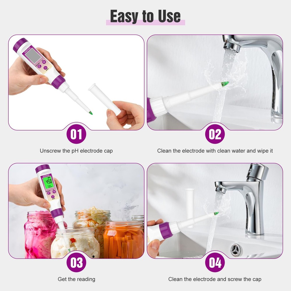 pH Meter Food Digital Electronic pH Tester for Fermentation 3*50ml pH Buffer ...