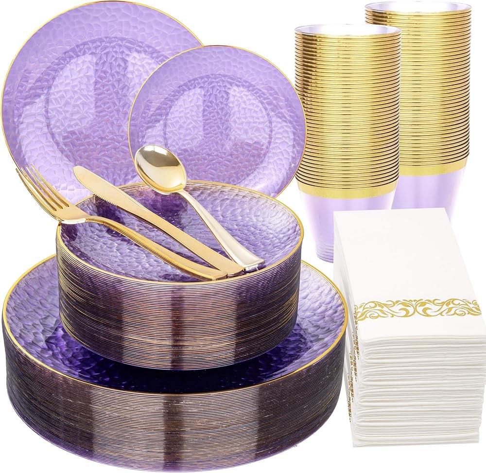 Rubtlp Plastic Dinnerware Set, Oran And Gold Plastic Plates, Hmered