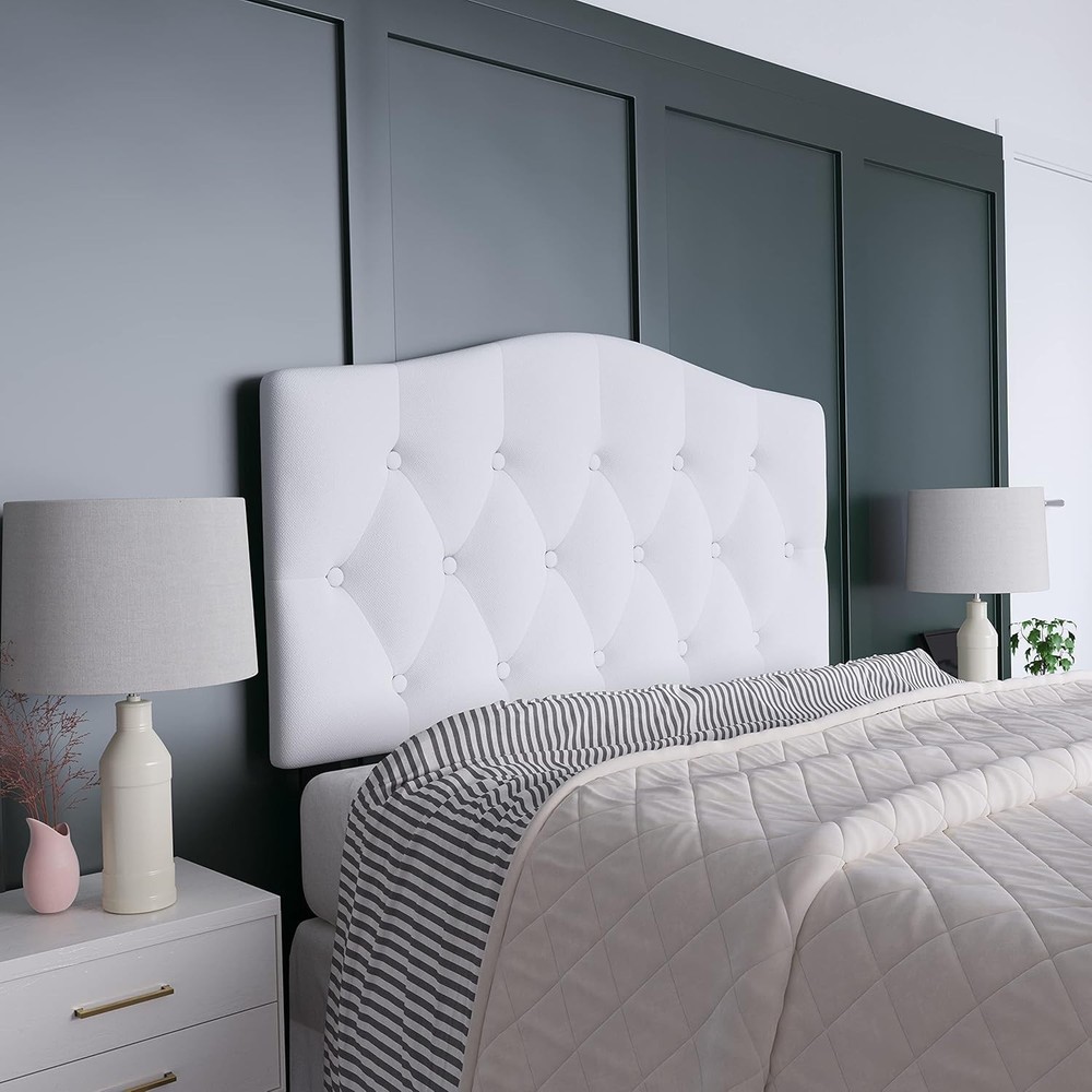Tufted Upholstered Full Size Headboard in White Fabric