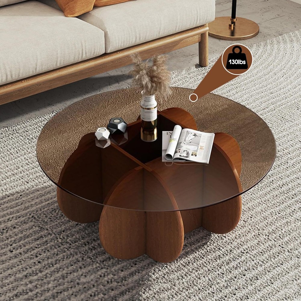Modern Round Coffee Table with Solid Wood Legs, 31.5'' 31.5in, Walnut + Brown