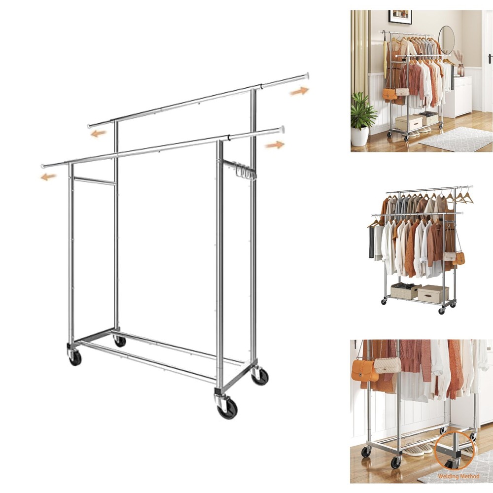 Double Rod Rolling Garment Rack Adjustable Clothes Hanging Organizer with Wheels