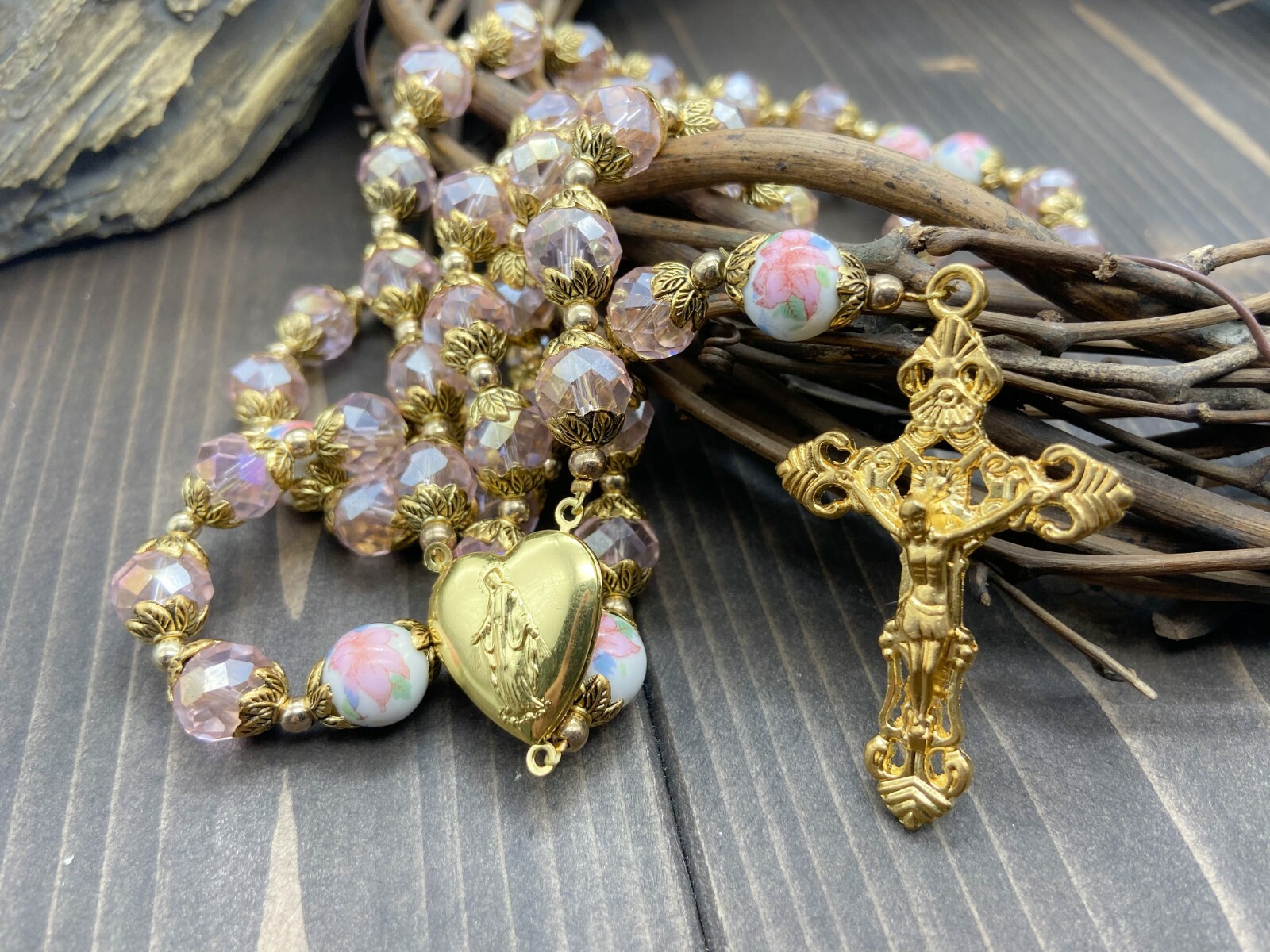 Pink Crystallized Beads Gold Rosary Catholic Holy Mary Locket Medal & Crucifix