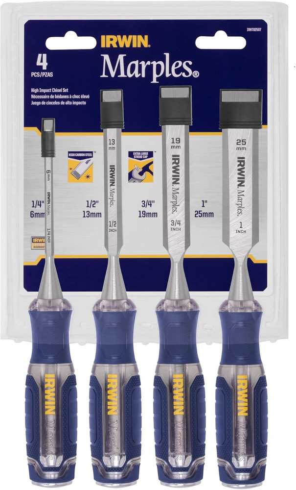 Chisel Set, Woodworking, 4-Pack, Extra-Long Strike Cap, Strong & Durable Steel C