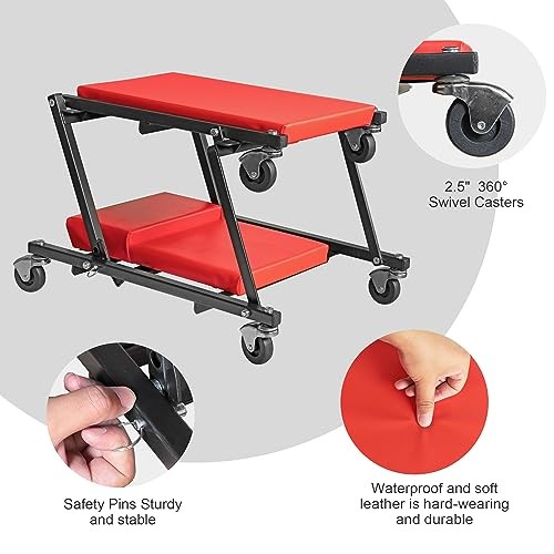 36" Rolling Foldable Automotive Creeper, 2-in-1 Garage Red Foldable Creeper