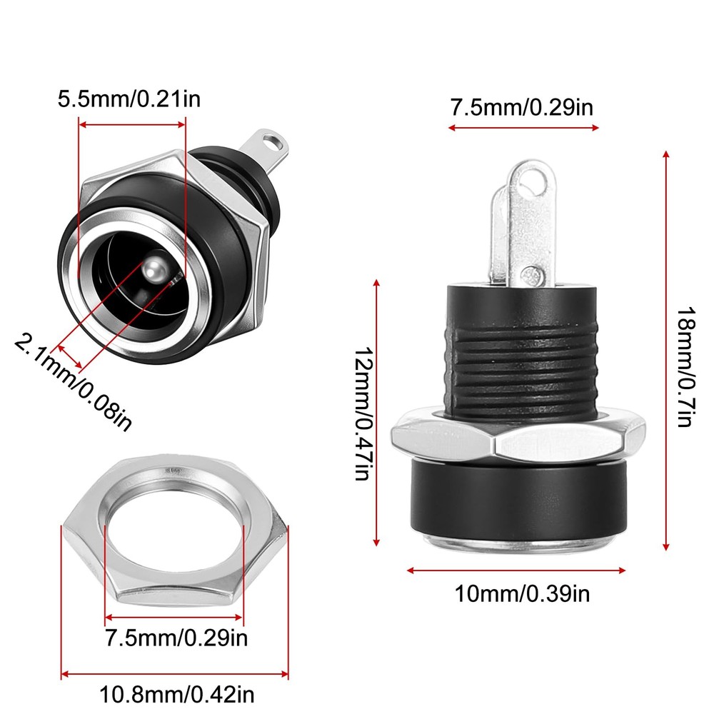 10 Pack DC Power Jack Panel Mount Connector, 5.5mm x 2.1mm Supply...