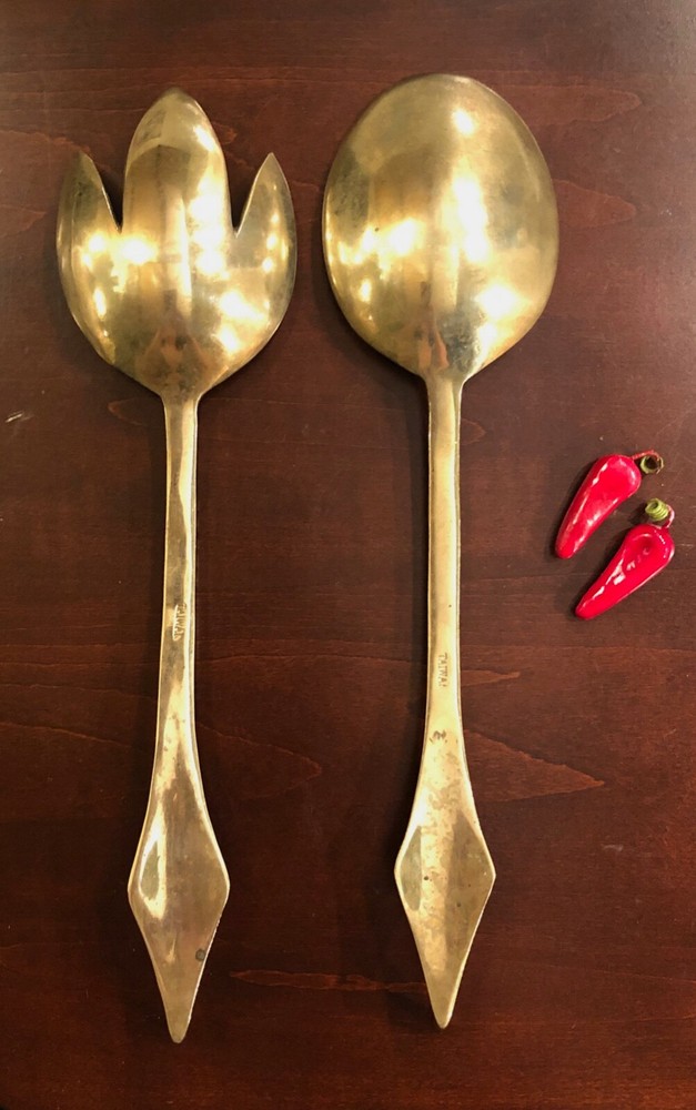 VTG Handcrafted Decorative Ornate Solid Brass Fork & Spoon Salad Serving Set 12"