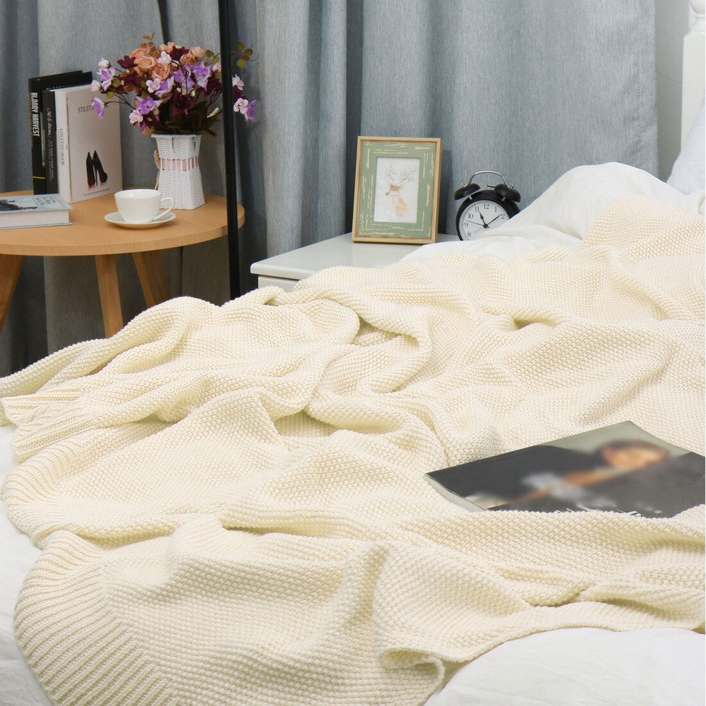 Soft 100% Cotton Solid Decorative Knitted Sofa / Bed Throw Blanket in 14 Colours