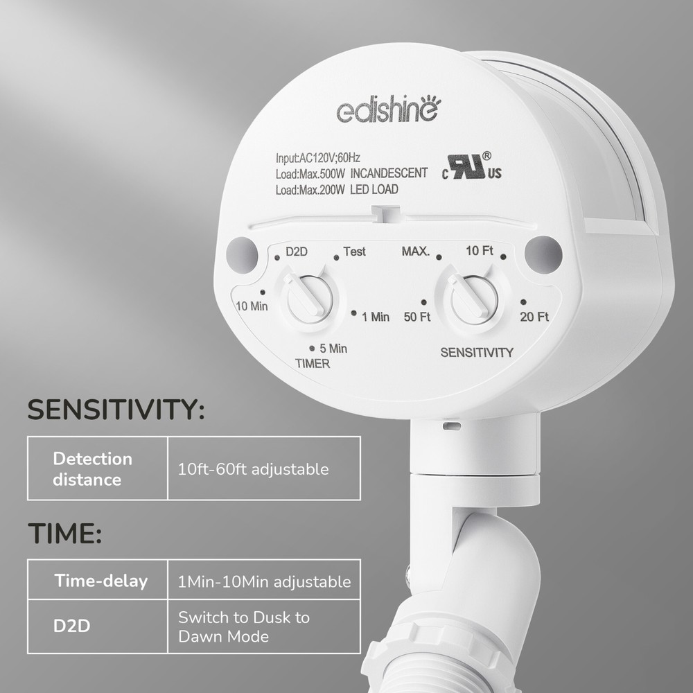EDISHINE Motion Sensor, Automatic Dusk to Dawn, 180 Degree Replacement White