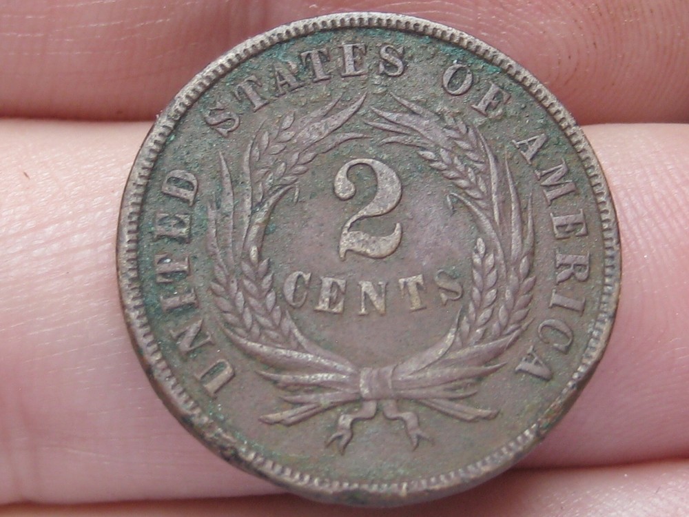 1865 Two 2 Cent Piece- Plain 5, WE Visible, XF/AU Details, Brown