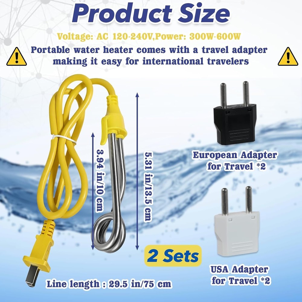 2-Pack Portable Immersion Heater Kit - 120V-300W,240V-600W, Instant Water Heater