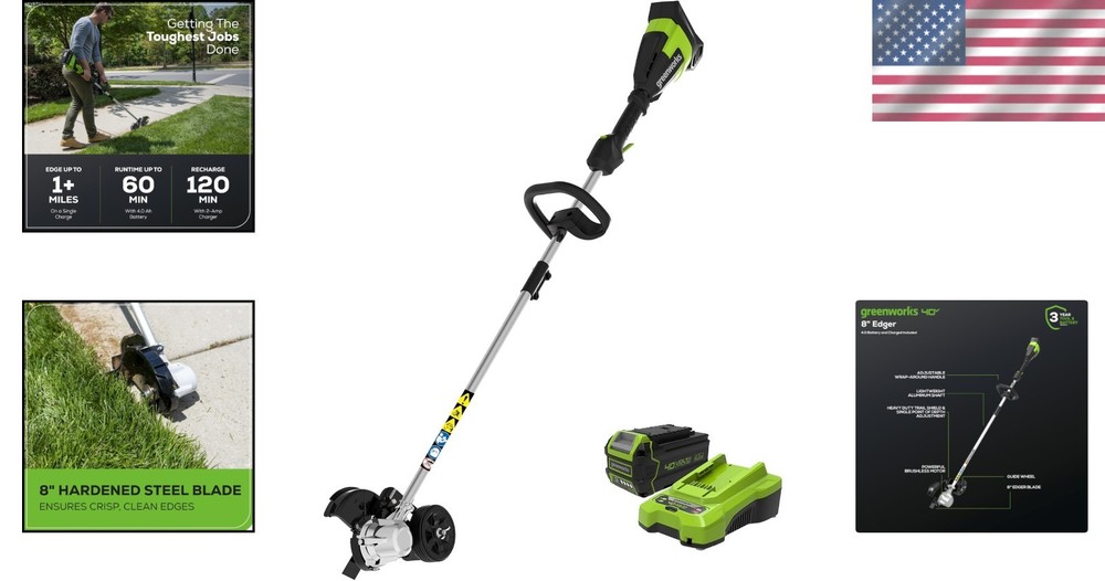 Lightweight 40V Brushless Edger - 8" Cutting Width, 60-Minute Runtime Included