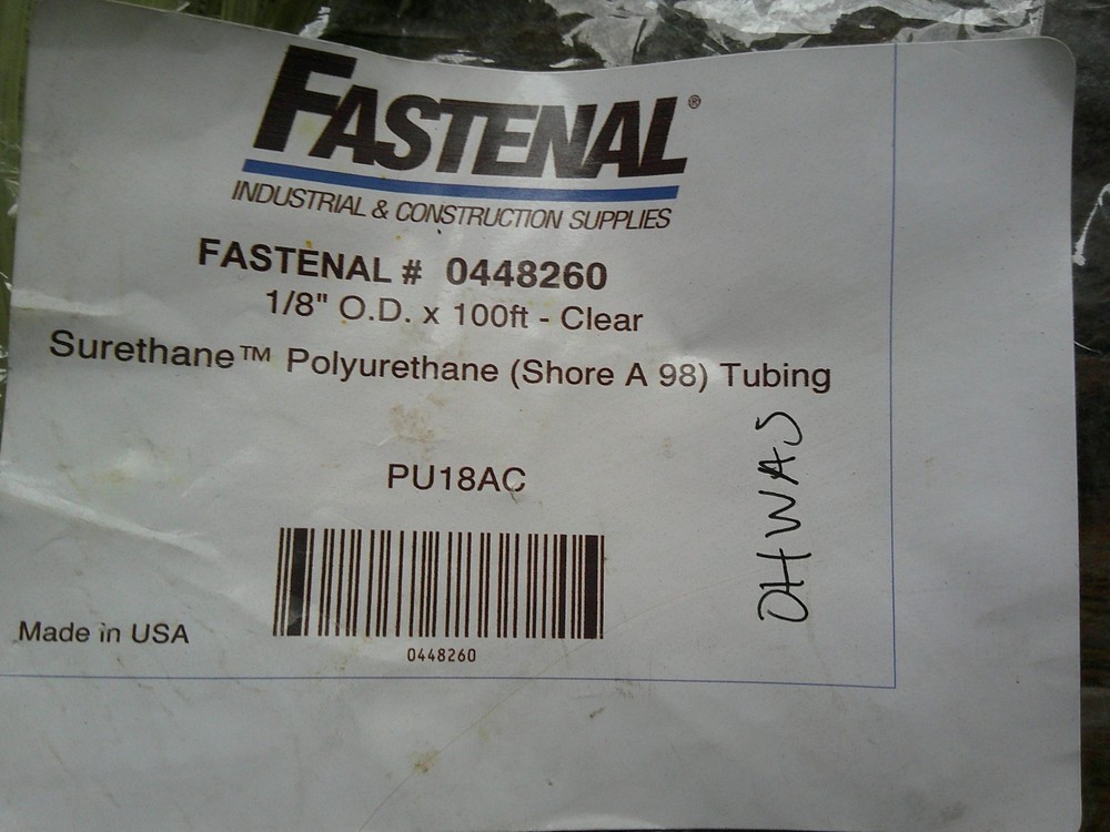FASTENAL PU18AC Surethane Polyurethane Plastic Tubing, Clear 1/8" OD X 100"