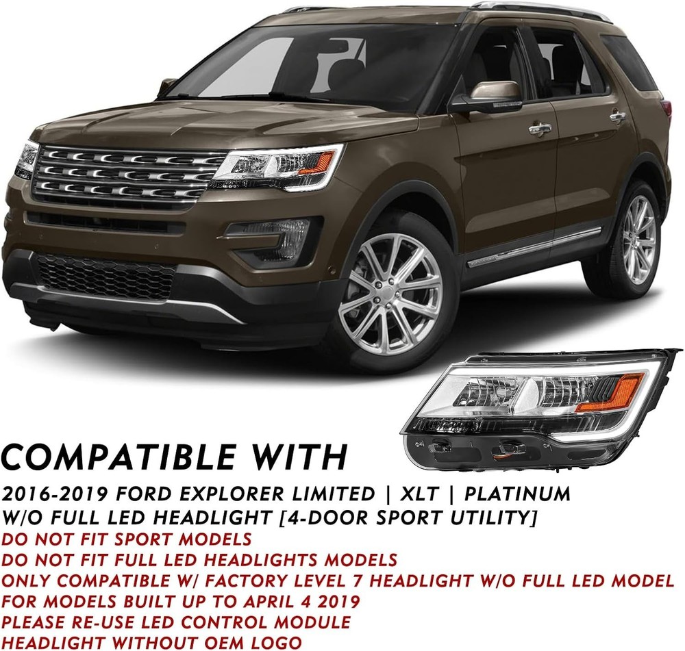 Headlight Assembly for 2016 2017 2018 2019 Ford Explorer with LED DRL, Left Driv