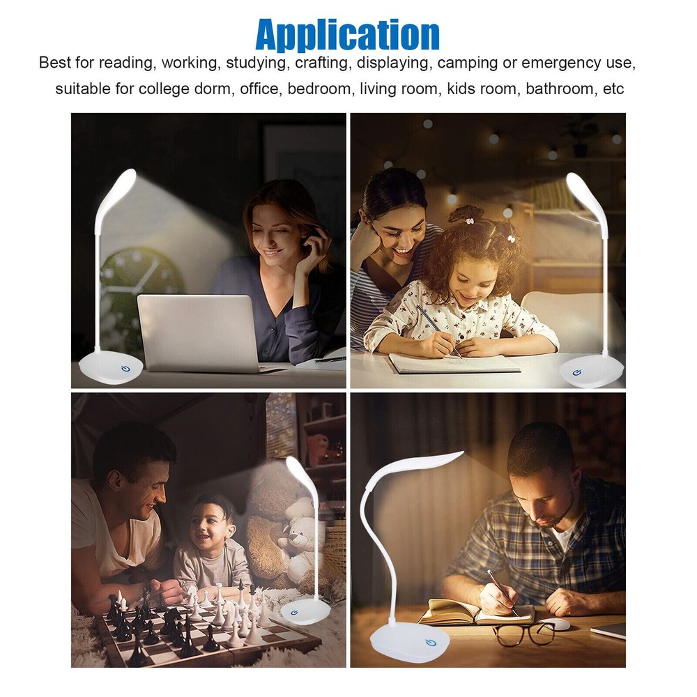 USB LED Desk Light Dimmable Bedside Reading Lamp Rechargeable Touch Control US