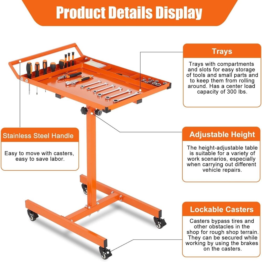 Workbench with Wheels, Heavy Duty Mobile Tool Table AdjustabLE Steel Portable