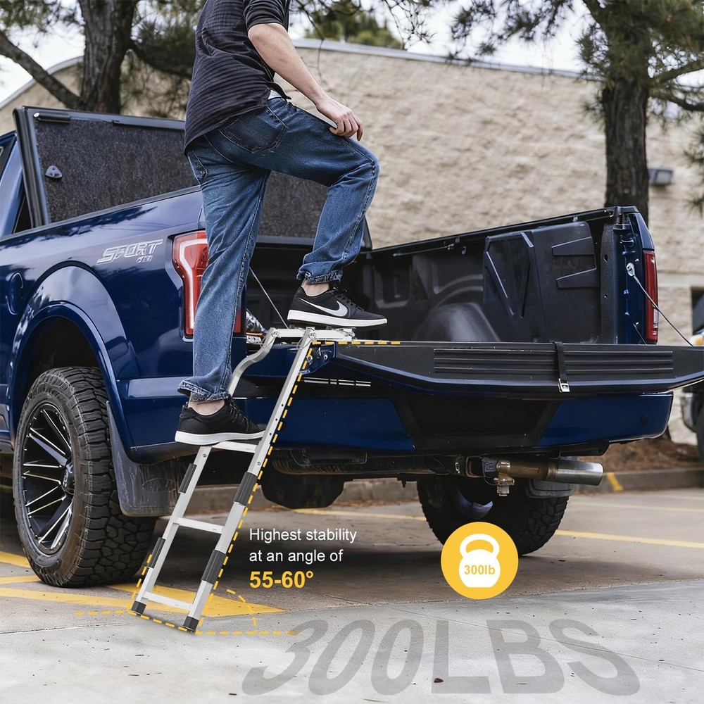 Tailgate Ladder for Pickup Trucks Bed Universal Fit - Non-Foldable, Silver