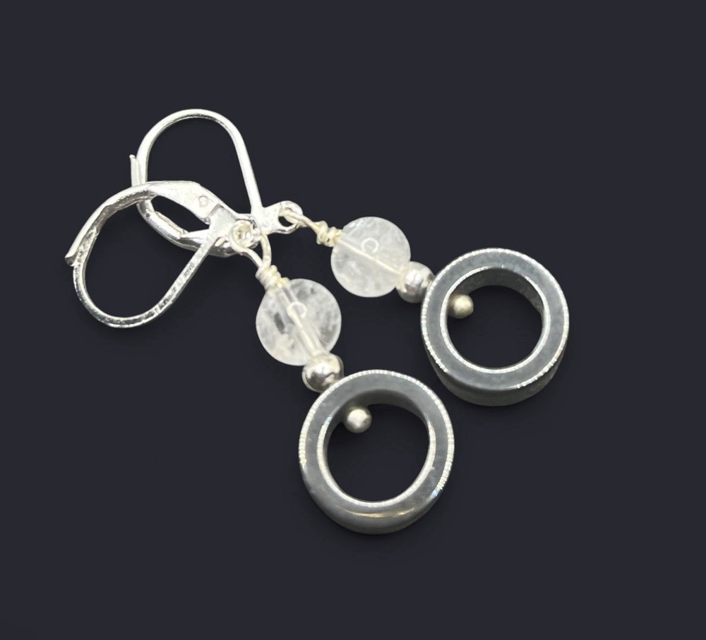 Hematite & Quartz Genuine Stone Handmade Earrings
