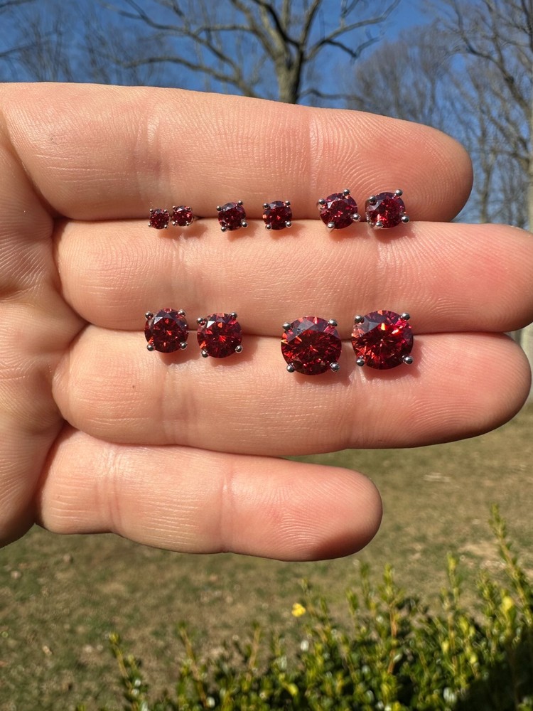Real Ruby Red Moissanite Screwback Stud Earrings 925 Silver 3-8mm Iced Pass Test