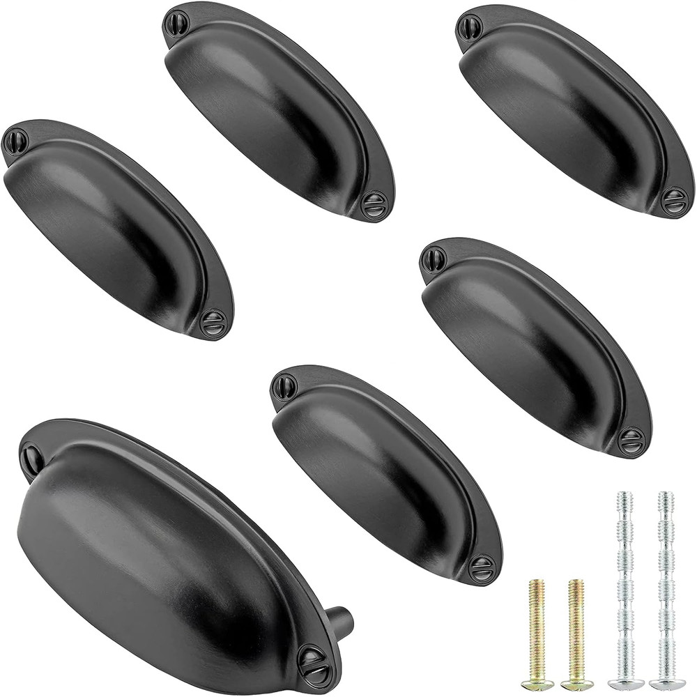 6Pcs Glossy Black Cup Drawer Pull 3.5" Hole Centers Metal Cup Pull, Vintage Shel