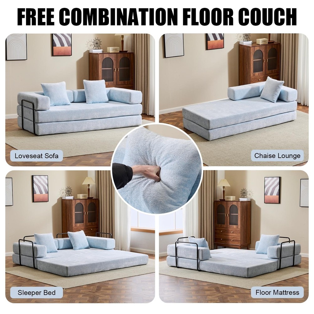 Floor Couch Chenille Fabric,Convertible Floor Sofa Bed-with Pillow Back Support