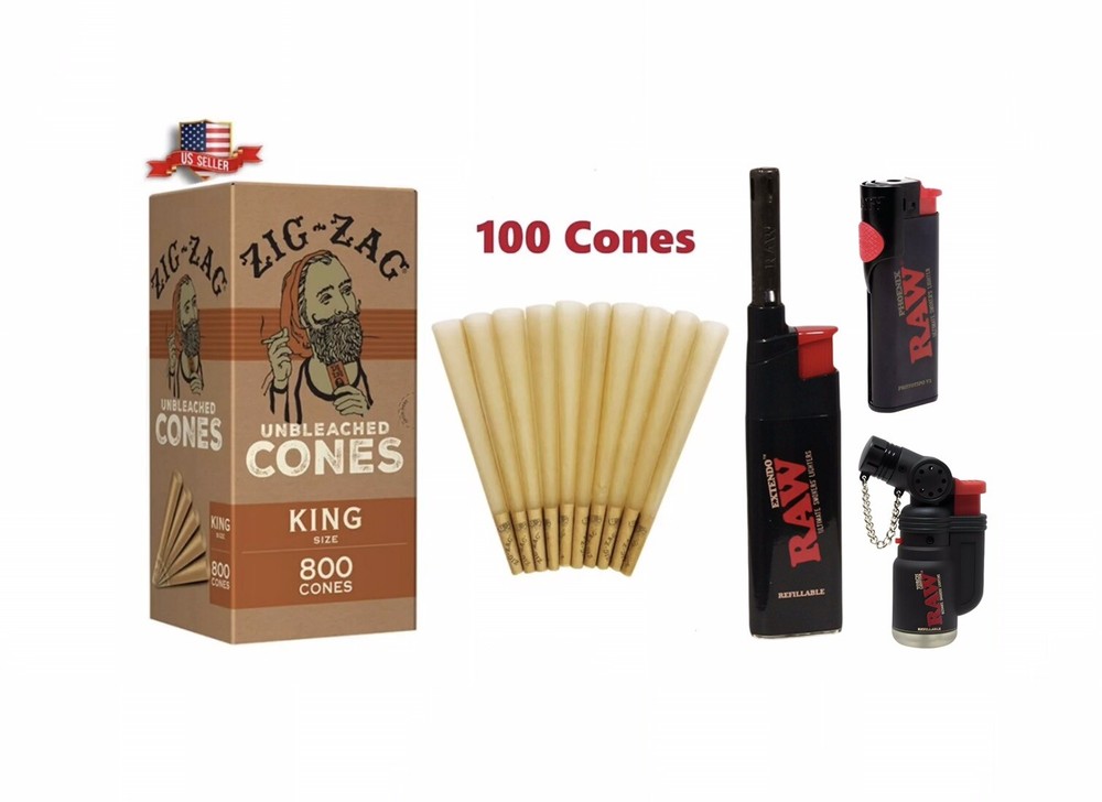 Zig Zag UNBLEACHED KING Size Pre-Rolled Cone +Raw Torch Phoenix Extendo Lighter