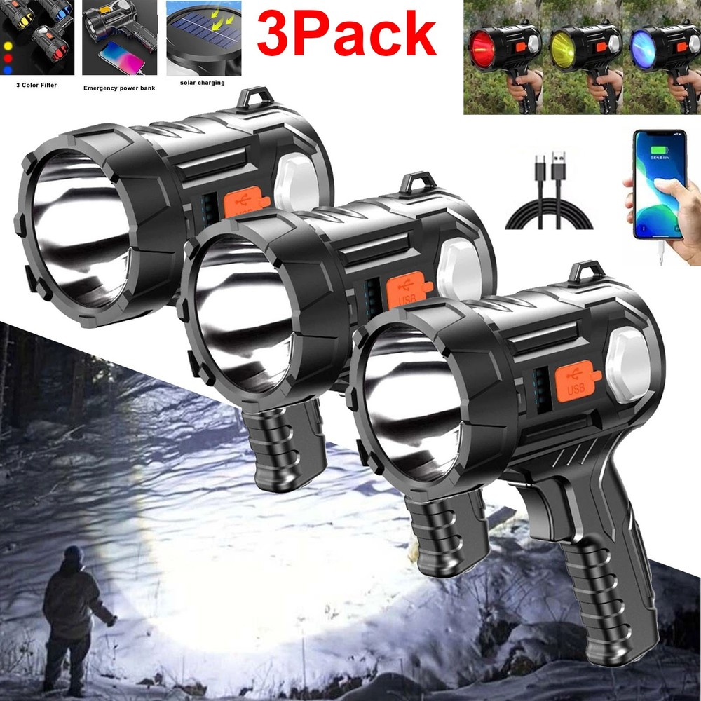 3PC Solar/USB Rechargeable LED Spotlight Flashlight Searchlight 9000000LM Bright