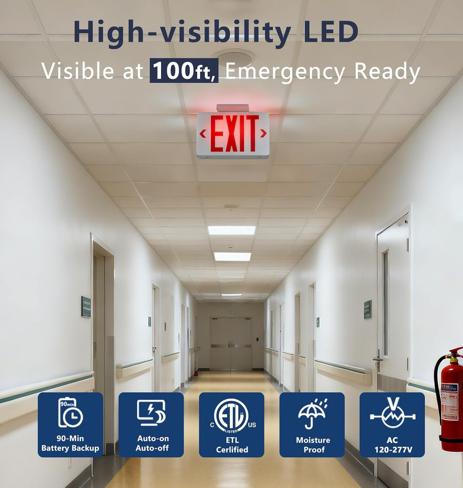 Exit Signs with Emergency Lights,Double Face Exit,Ac 120-277V, Hardwired Exit Si