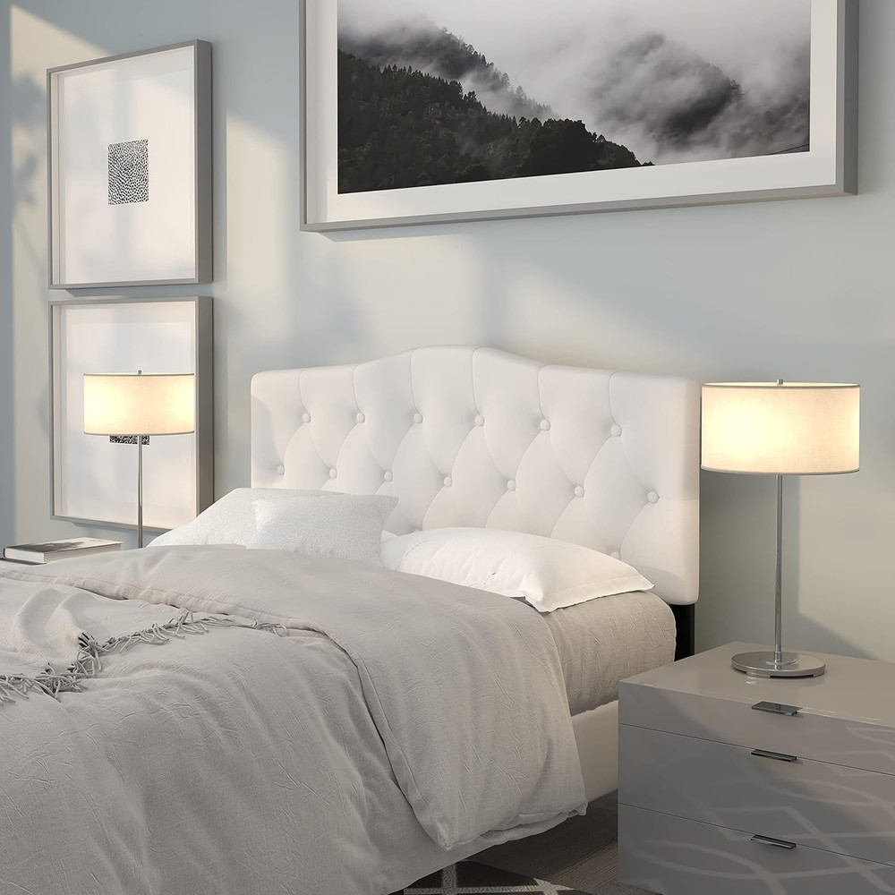 Tufted Upholstered Full Size Headboard in White Fabric