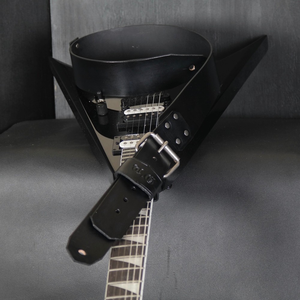 Personalized Leather Guitar Strap. Buckle & Studs design. BLACK