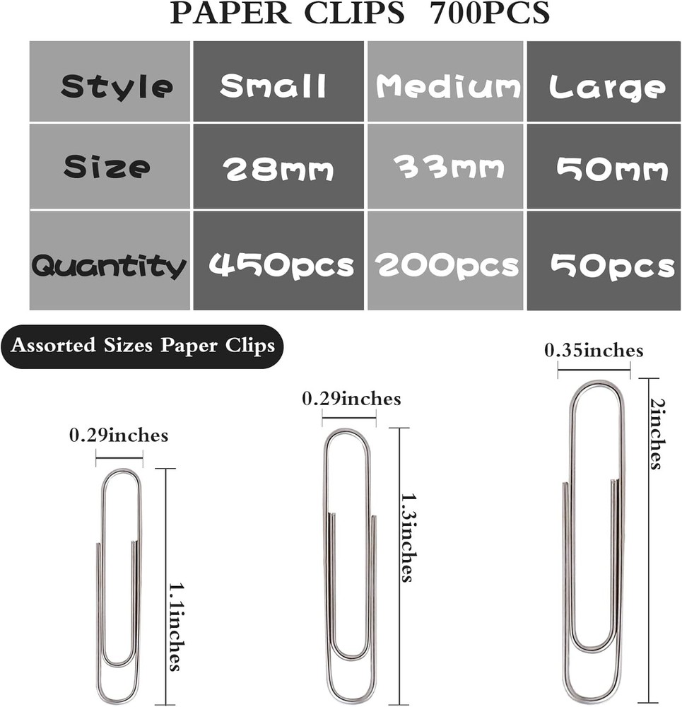700Pcs Paper Clips Assorted Sizes, Packed in plastic container, Reusable