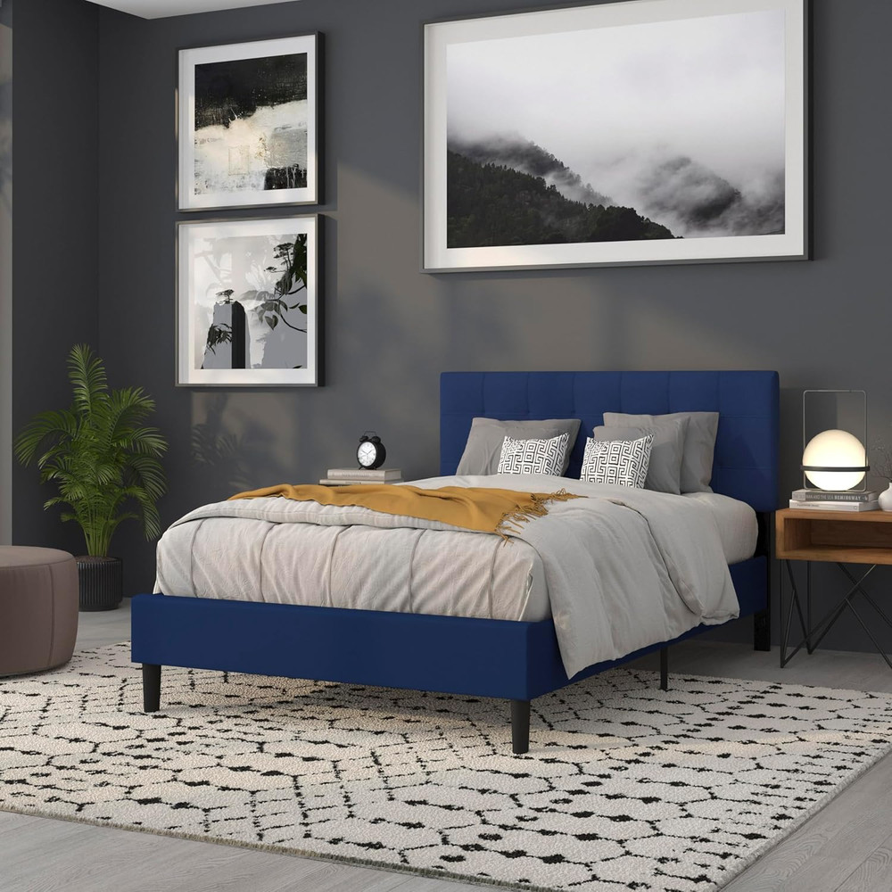 Quilted Tufted Upholstered Full Size Headboard in Navy Fabric