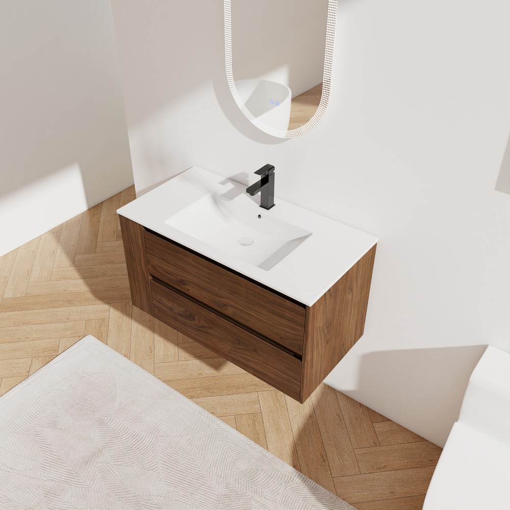 36In Wall Mounted Bathroom Vanity Cabinet W/ Undermount Ceramic Sink Side Shelf