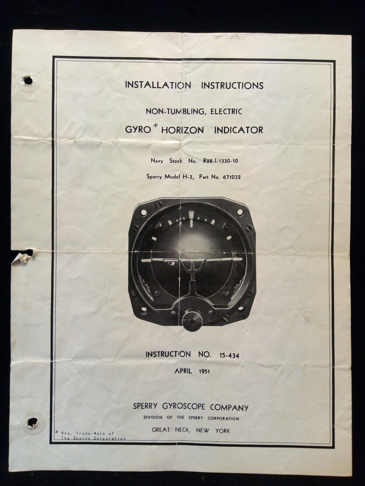H-3 Gyro Horizon Indicator Sperry Gyroscope Installation Instructions 1951
