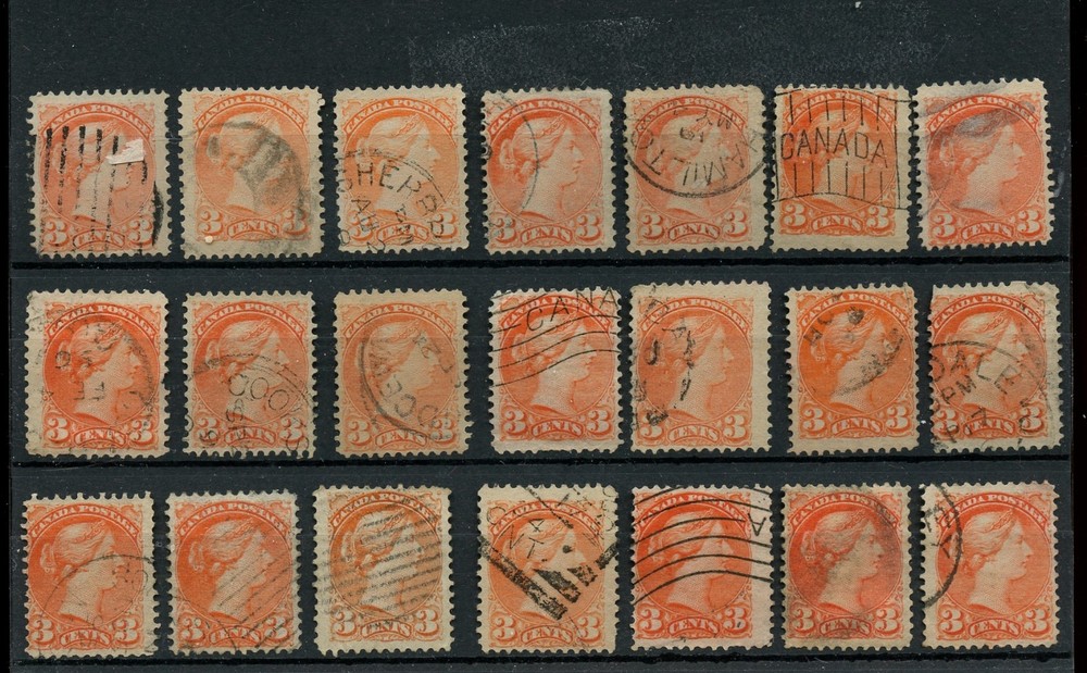 SMALL QUEEN 3 cent Various cancels, corks, used lot CAnada