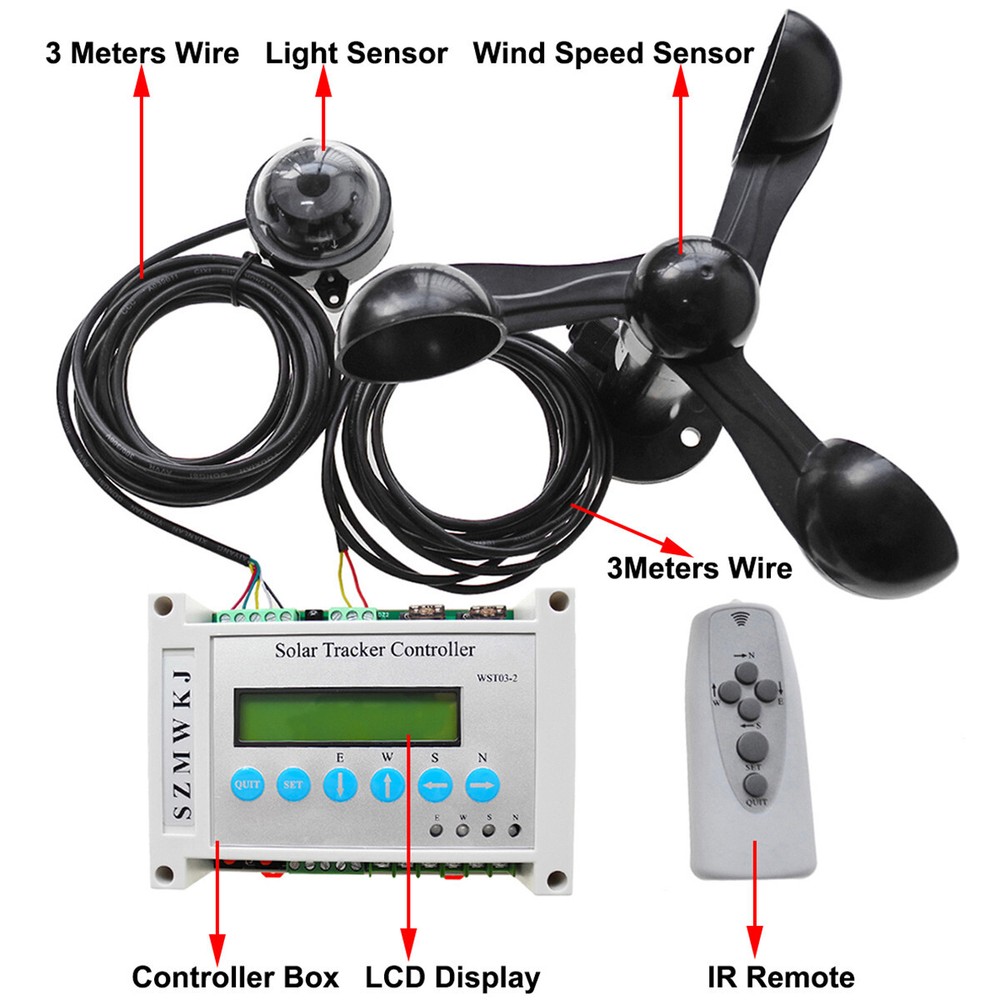 Electric LCD Solar Tracker Controller & 2*6000N 16" Linear Actuator & Anemometer