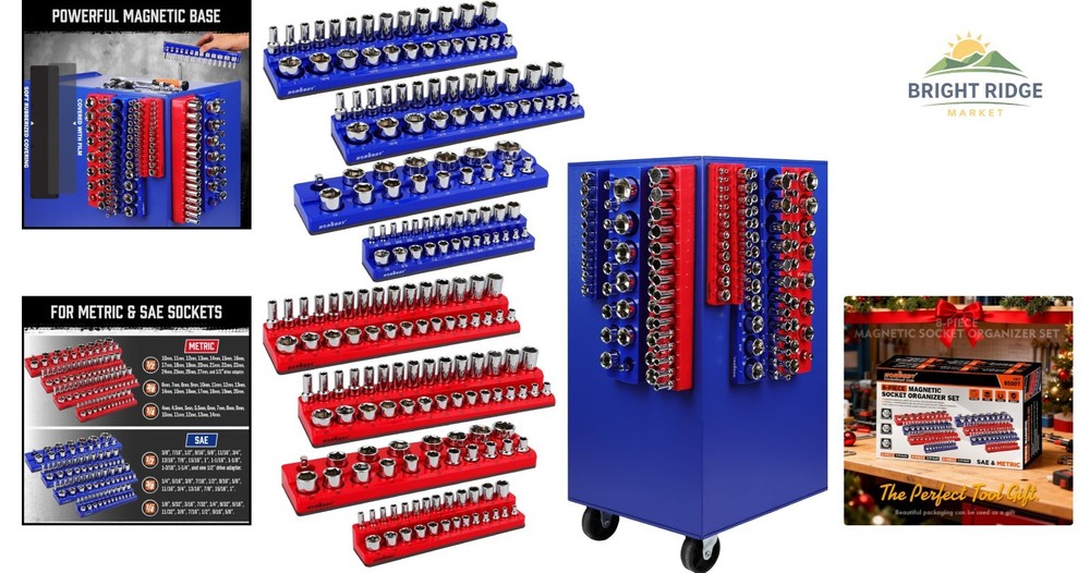 Compact Magnetic Socket Organizer for Tool Drawer with Rubber Surface Protection